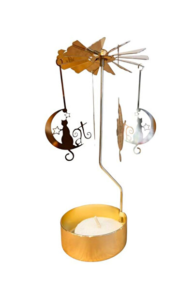 CİYU TİCARET Altın Renkli Sevimli Kediler Tasarımlı Dönen Mumluk Hediyelik De...