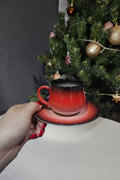 İLES HOME 6'LI KIRMIZI SİYAH DETAYLI FİNCAN TAKIMI Hediye, Yılbaşı, Özel Günler