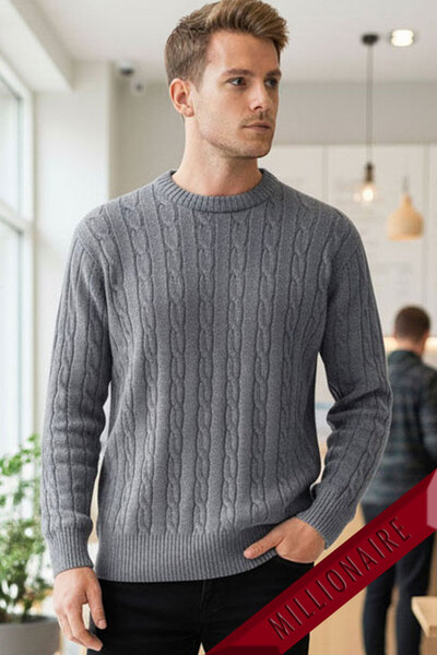 Millionaire Men's Grey Hair Knit Crew Neck Regular Knitwear Wool Blend Thick Acrylic Sweater