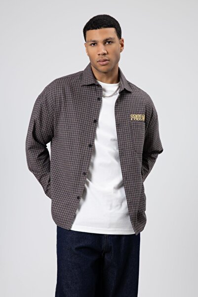 VAMOSCLO Oversized Printed Casual Checkered Shirt Brown