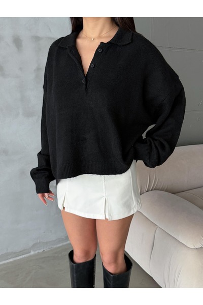 Figo supradimensionat Pulover de damă cu guler polo și nasturi