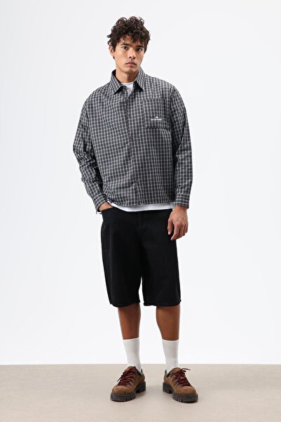 VAMOSCLO Oversized Checkered Long Sleeve Shirt Anthracite