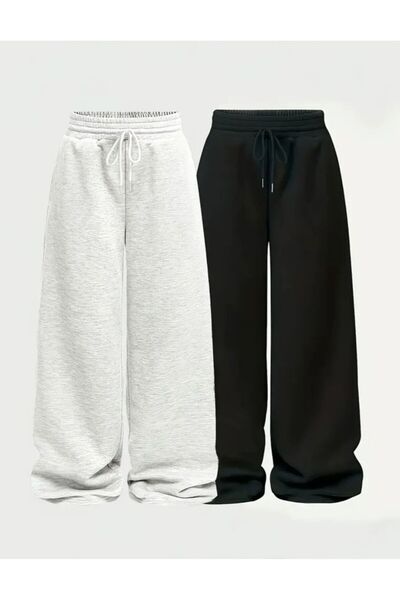 SULVERY iki adet siyah gri rahat kalıp bol eşofman altı