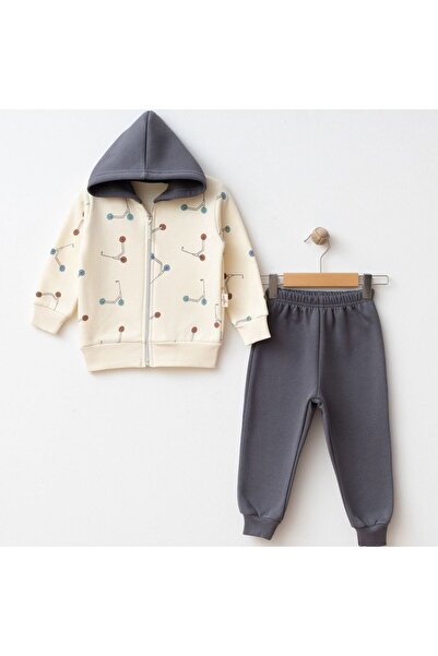 bebegen Set de cu imprimeu cardigan cu glugă pentru băiat, culoare gri ecru