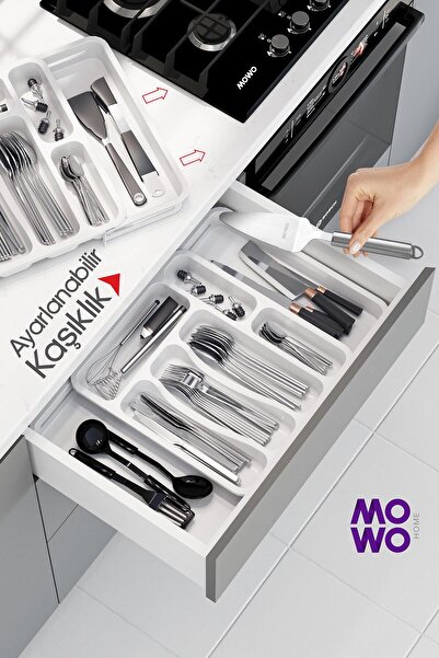 Mowo Home منظم أدوات المائدة العملي القابل للتمدد ذو الوجهين باللون الأبيض، منظم للأدراج