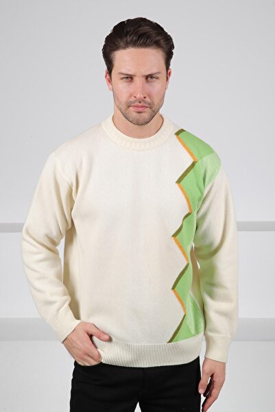 Ferraro Ecru Crew Neck Asymmetrical Patterned 100% Lamb Wool Men's Knitwear Sweater