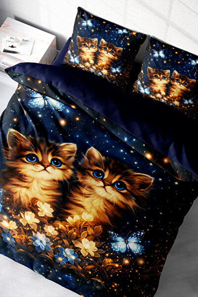 MonoHome Galaxy Cat Patterned 5D Digital Printing Cotton Satin Duvet Cover Set – Double Size
