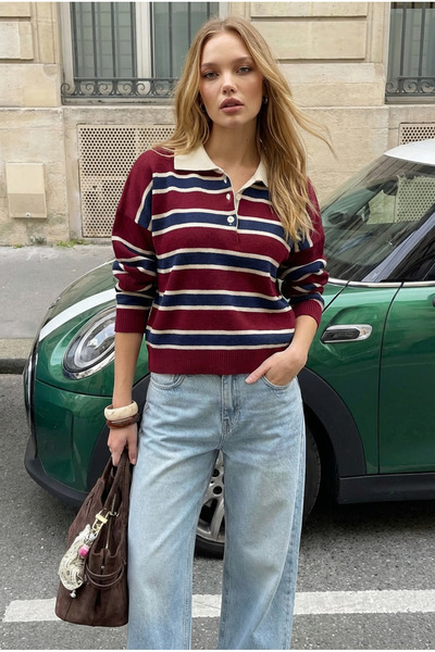 Happiness İstanbul Çizgili Polo Yaka Triko Kazak