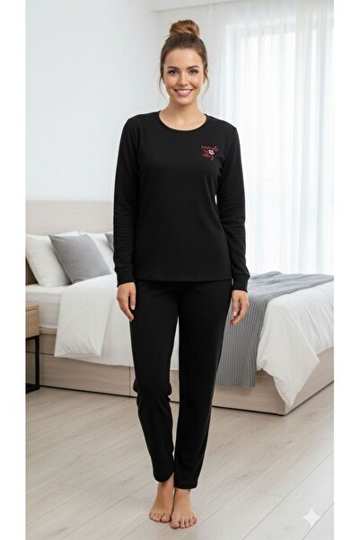 FAMES PİJAMA Set de pijamale negre confortabile de iarnă din lână pentru femei