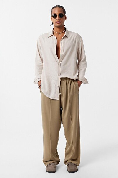 VAMOSCLO Belt Detailed Baggy Lyocell Trousers Khaki