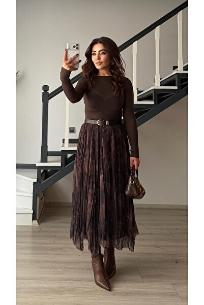 Oslove Bitter Brown Lined Asymmetrical Skirt with Elastic Waist