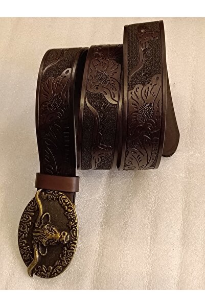 Butik Tülin حزام للجنسين من الجلد الصناعي الأصلي باللون البني مطبوع مزخرف بنق...