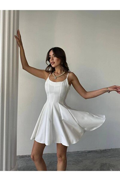 hillone atlas kumaş askılı şık süper mini elbise beyaz
