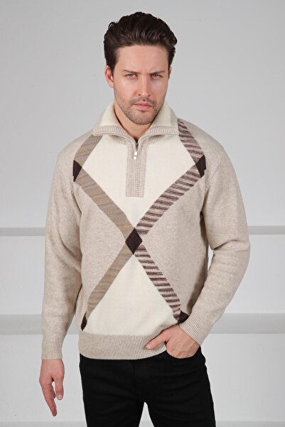 Ferraro Α. Μπεζ πουλόβερ με φερμουάρ με γεωμετρικό σχέδιο 100% μαλλί αρνιού Α...