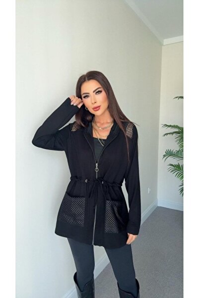 Kanonik Education Women's Long Sleeve Front Zipper Mesh Detailed Waist Tie Short Modal Jacket