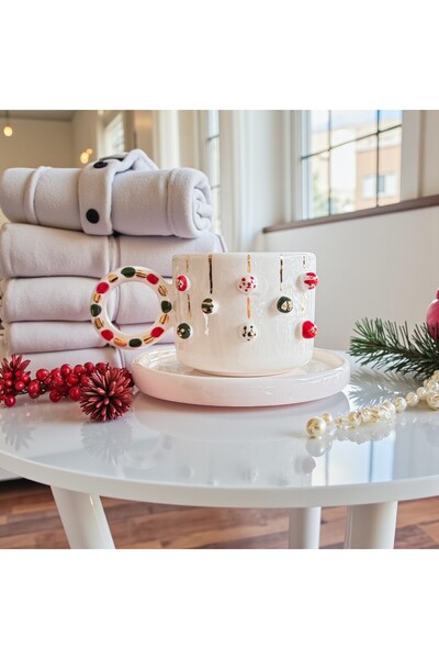 Özce Art Ceramic Atelier New Year Themed Winter Sparkle 170 ml Handmade Turkish Coffee Cup and Saucer