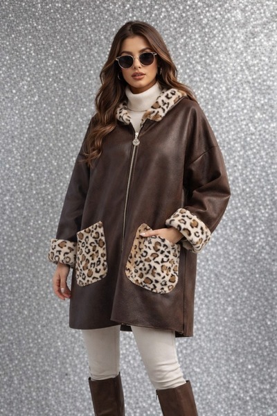 LaraLisa Plush Inside Leopard Pattern Outside Nubuck Fabric Zippered Women's Coat