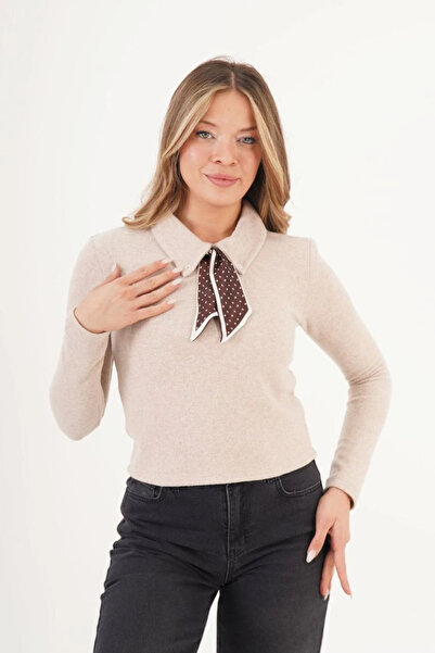 cemo Yaka Detaylı Fularlı Triko Bluz