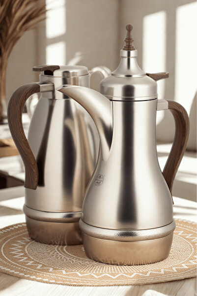 ALSAIF طقم ترمس زهوة للقهوة وشاي قطعتين من السيف/ تصميم أنيق يناسب جميع الأذواق 1/0.7 لتر نيكل مطفي يد خشب