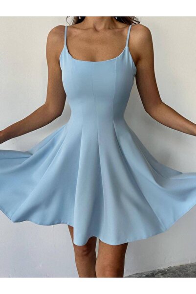 hillone Rochie super mini elegantă, cu bretele din material atlas, albastră