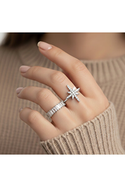 Ervalina خاتم من حجر الزركون مكون من قطعتين ونجمة القطب (قابل للتعديل)