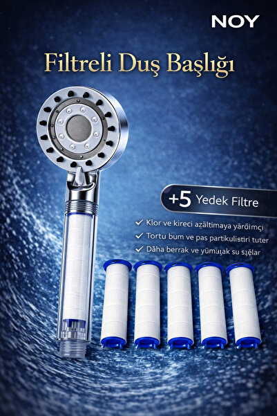 NOY Filtreli Duş Başlığı 5 Yedek Filtre | Su Arıtmalı, Klor Ve Kireç Önleyici, Yüksek Basınçlı