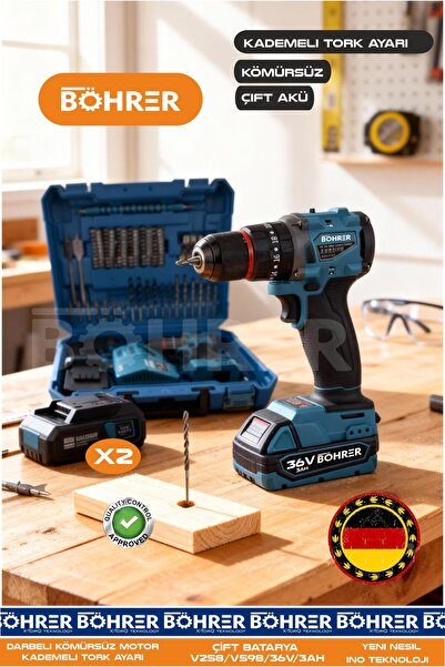 BÖHRER ALMAN DESİGNE YENİ NESİL ÇİFT AKÜLÜ 36V 3AH DARBELİ 40NM KÖMÜRSÜZ ŞARJ...