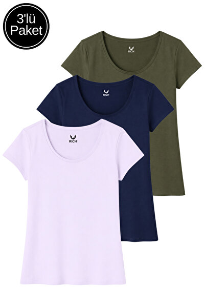 Rich Γυναικείο Χακί - Ναυτικό Μπλε - Λιλά 3 Πακέτο 100% Βαμβακερό κοντομάνικο μπλουζάκι