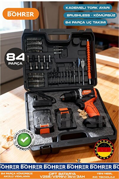 BÖHRER YENİ MODEL 84 PARÇA ÇİFT AKÜLÜ KÖMÜRSÜZ DARBELİ TORK AYARLI ŞARJLI AKÜ...