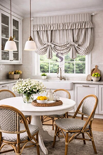 shules collection Gray Natural Striped Retro Background Curtain with Binding Details (100% Cotton Fabric)