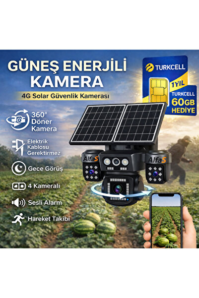 ALFAS 4G 4 Kameralı SIM Kart 1 Yıl 60 GB Kablosuz Bahçe Depo Arazi İçin Çift Güneş Paneli Solar Kamera