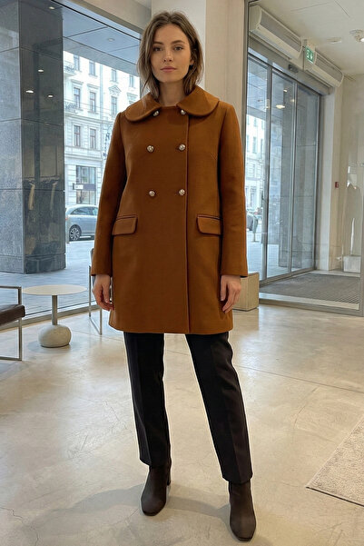 Yake 8034 Bebe Yaka Düğme Detaylı Kadın Kaşe Kaban