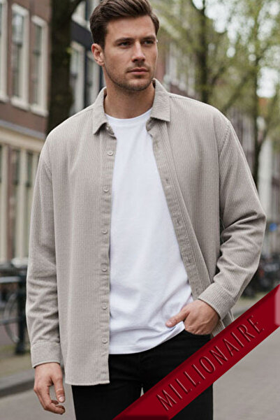 Teenage Millionaire Men's Stone Velvet Corded Fabric Soft Textured Loose Fit Oversized Drop Shoulder Shirt Sand Beige