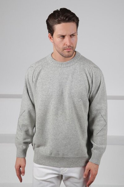 Ferraro A.Grey Crew Neck Plain Front Sleeves with Stripe Detail 100% Lamb Woo...