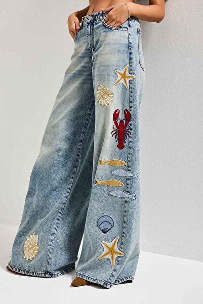 it's basic Women's Denim Color 4S6-32 Palazzo Fit Sea World Embroidered Special Design Denim Jean