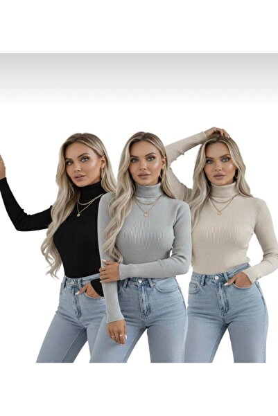 zs zaos fashion Set de 3 pulovere de damă cu guler înalt, bej, gri, negru