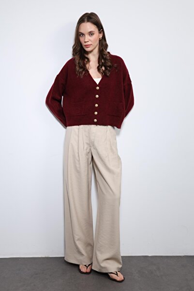 Antioch Beige Elastic Waist Pleated Women's Trousers