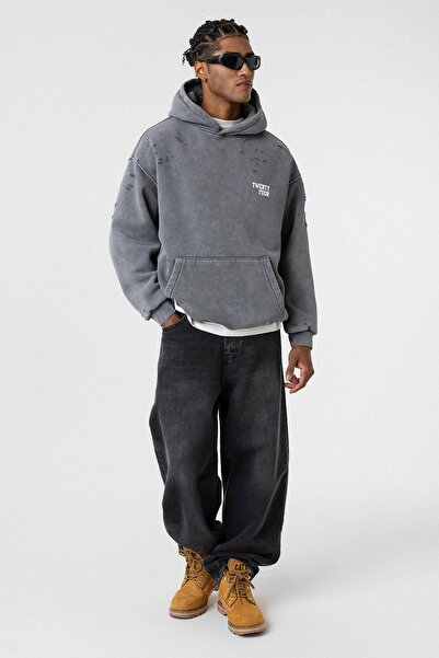 VAMOSCLO سويت شيرت مدخن مفصل بالكتابة مع غسيل قصة فضفاضة