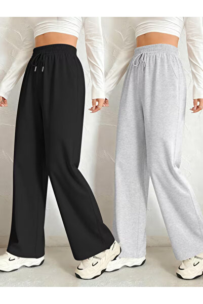 LOSMARY İKİ ADET SİYAH GRİ DÜZ PAÇA EŞOFMAN ALTI