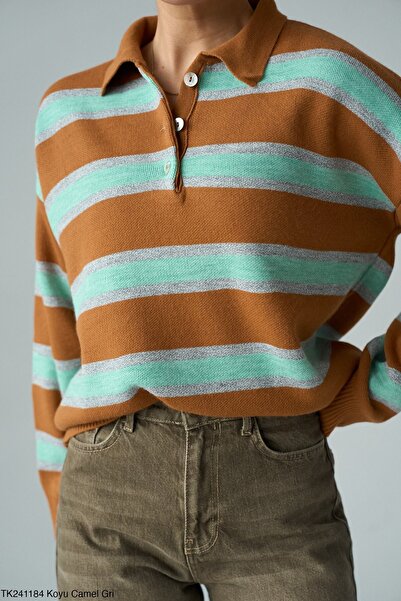 cemo Çizgili Polo Yaka Düğme Detaylı Triko Kazak
