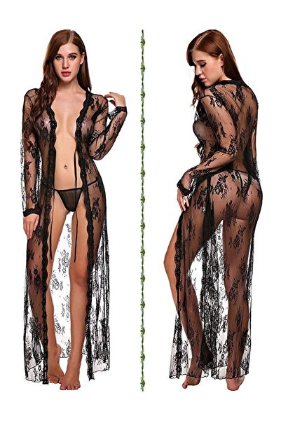 Nawaem Night Lingerie كيمونو ماكسي أنيق من الدانتيل الزهري الشفاف - طقم ملابس...