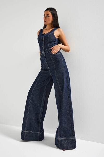 it's basic Дамски индиго цвят 7S6-50 Palazzo Fit 100% памучен деним наклонен комбинезон