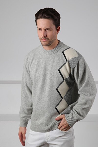 Ferraro A.Grey Crew Neck Asymmetrical Patterned 100% Lamb Wool Men's Knitwear Sweater