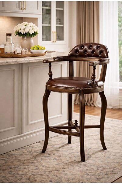 Albero Home Klasik Masif Bar Sandalyesi | Deri Döşemeli Kayın Ayak