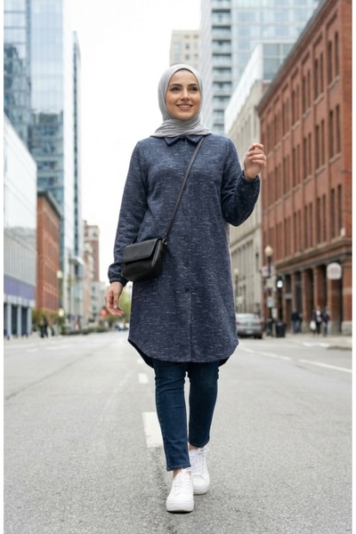 sefamerve Tunica de iarnă cu guler cămașă și nasturi pe lungime 2501A-02 Indigo