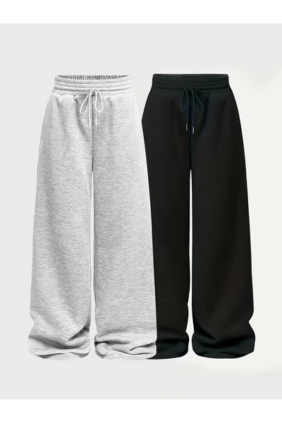 GERLAY İKİ ADET SİYAH+GRİ RAHAT BOL KALIP DÜZ PAÇA EŞOFMANA ALTI
