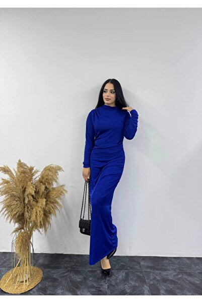 SHEZAN MODA Women's Navy Blue Long Sleeve Drape Detail Buzzy Fabric Maxi Dres...