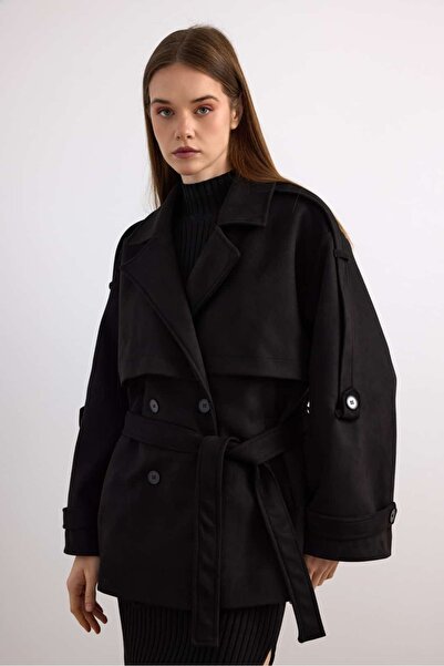 KIKU Double-Breasted Suede Short Coat with Belt Detail