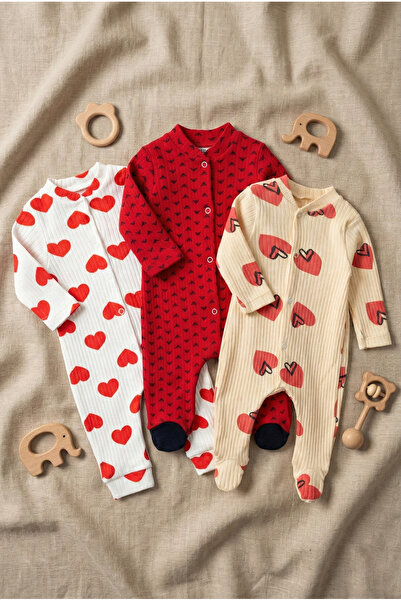 Noone 3-Pack 100% Cotton Baby Rompers Set with Corded Fabric Hearts and Patterns and Snap Fasteners