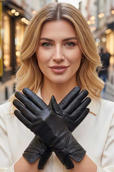 Trenderrs Women's V-Cut Bow-Lined Genuine Lambskin Leather Gloves